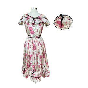 Vintage 1940s 50s Ruffled Taffeta Roses Cold Shoulder Garden Party Dress w/Hat